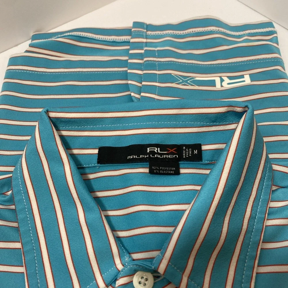 RLX Ralph Lauren‎ Polo Mens Medium Blue White Striped Golf Performance Casual C1